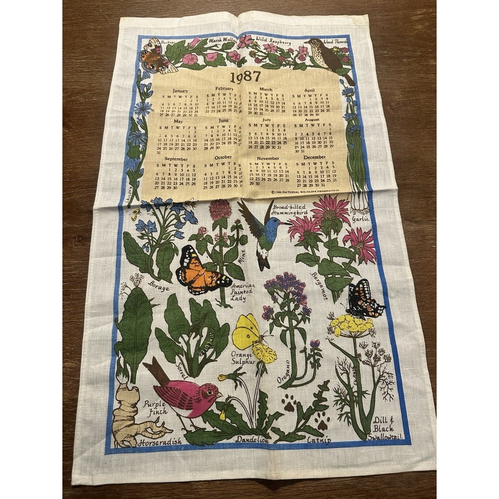 Vintage 1987 Printed Cloth Hanging Wall Calendar Tea Towel Butterflies Flowers